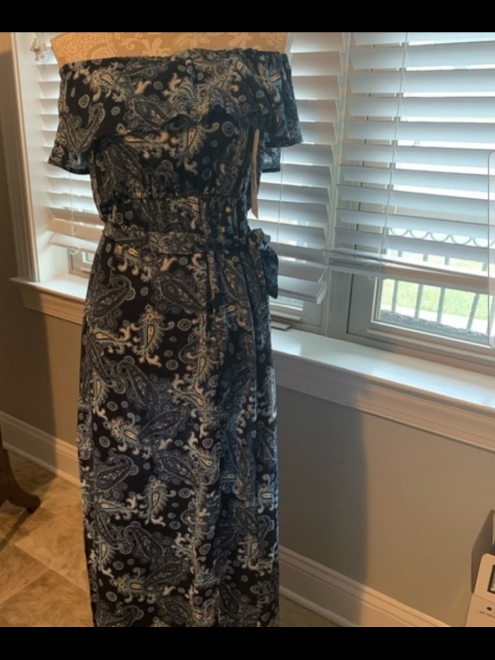Off-Shoulder Navy Paisley Maxi Dress